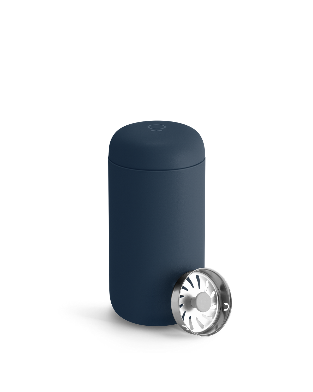 The Fellow Carter Move Mug is a dark blue tumbler with a metallic lid on its cylindrical body.