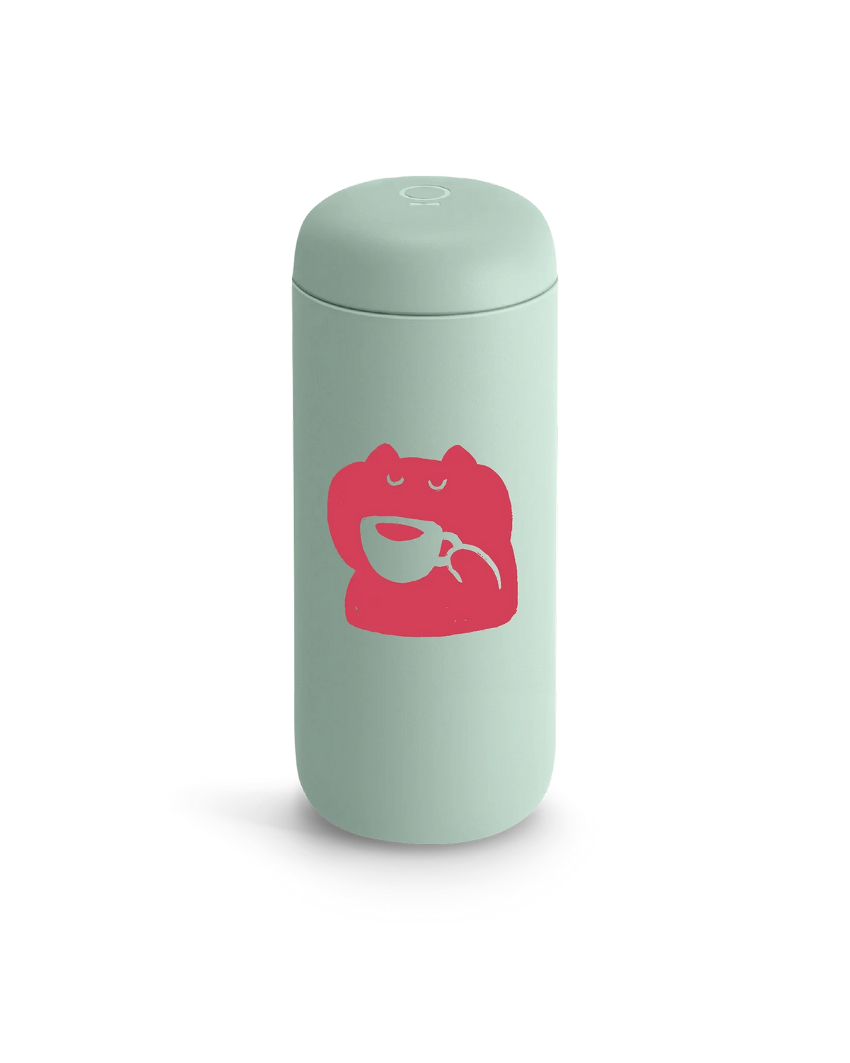 Light green Fellow Carter Move Mug with a pink frog holding a teacup on the front.