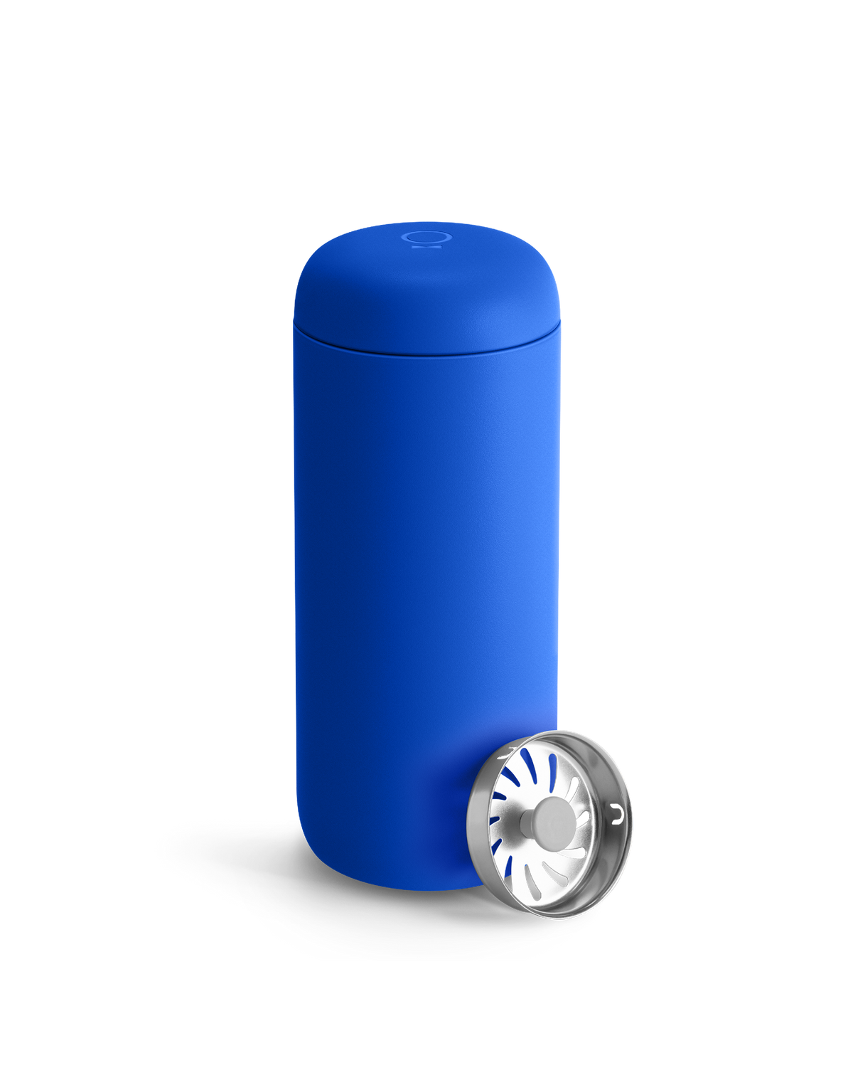 Fellow Carter Move Mug in Electric Cobalt with spill-proof strainer lid, great for coffee on the go.