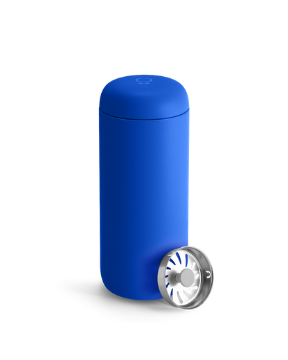 Fellow Carter Move Mug in Electric Cobalt with spill-proof strainer lid, great for coffee on the go.