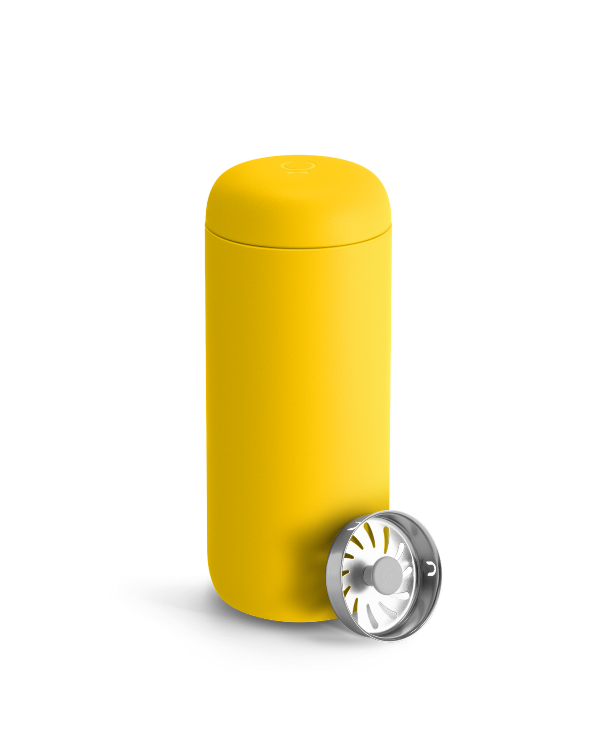 Fellow Carter Move Mug in Lemon Zest with spill-proof infuser lid, perfect for coffee on the go.