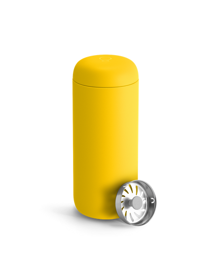 Fellow Carter Move Mug in Lemon Zest with spill-proof infuser lid, perfect for coffee on the go.
