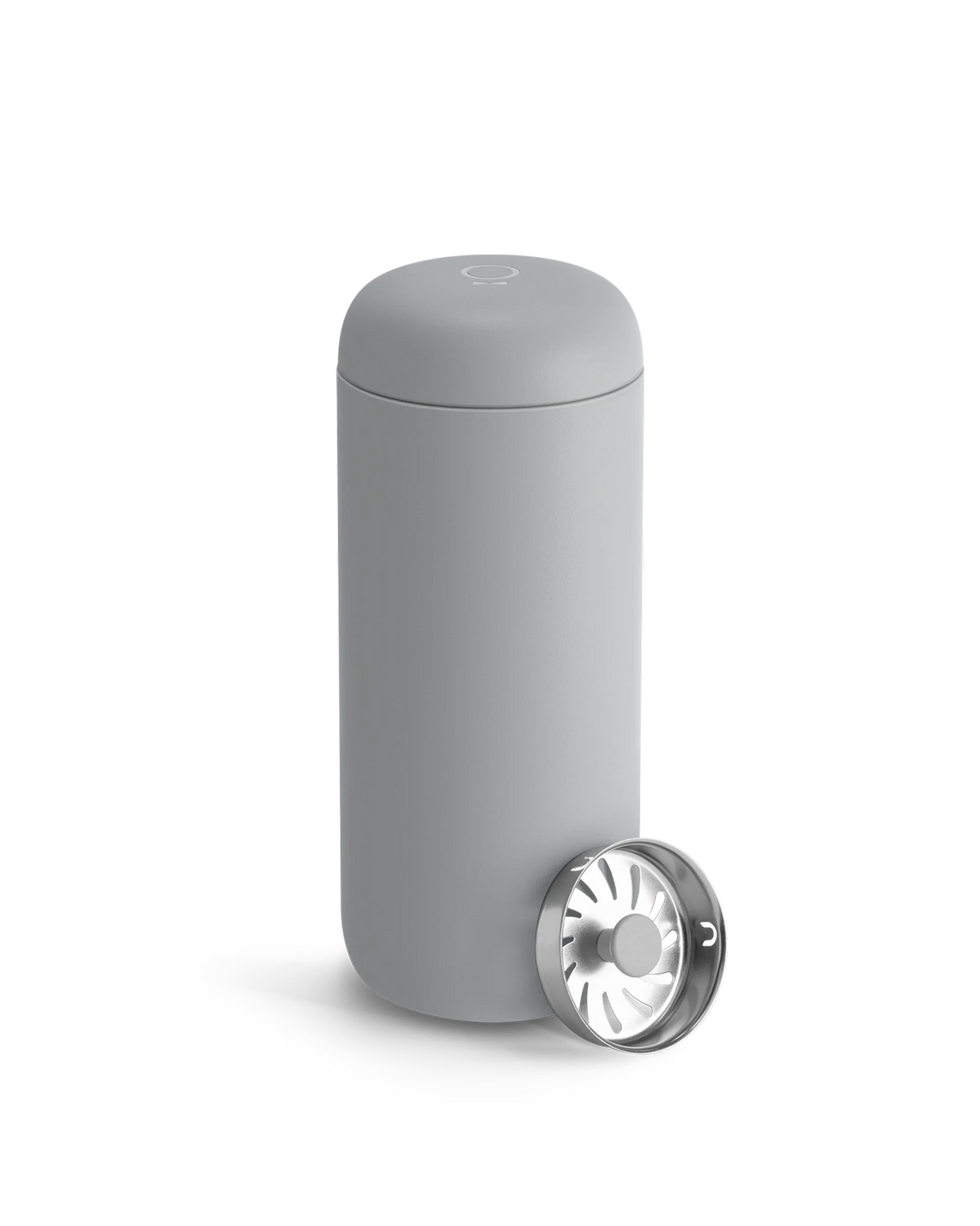 A matte gray Fellow Carter Move Mug with removable strainer on a white background.