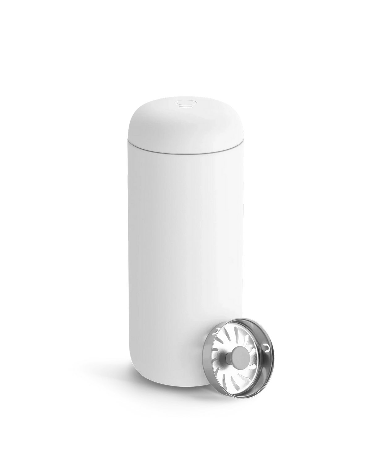 Fellow Carter Move Mug in white, shown with included metal strainer in front.