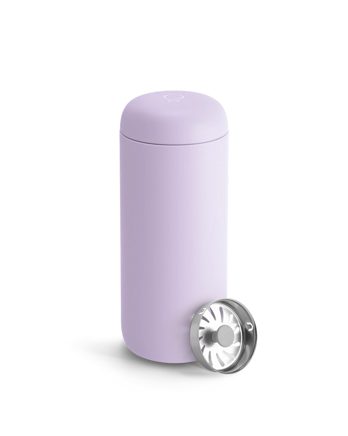 Light purple Fellow Carter Move Mug with removable metal strainer on a white background.