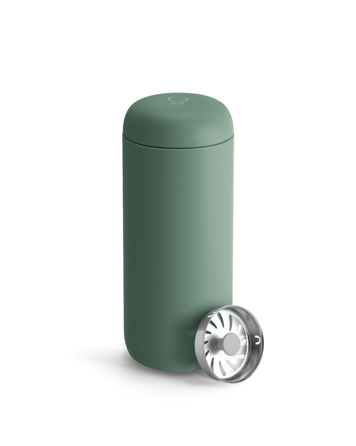Fellow Carter Move Mug in matte green with metal strainer, great as a coffee tumbler.
