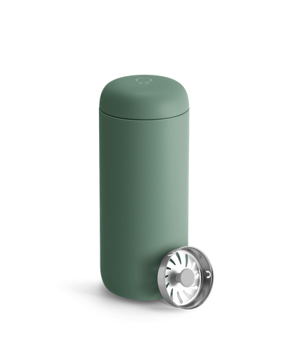Fellow Carter Move Mug in matte green with metal strainer, great as a coffee tumbler.