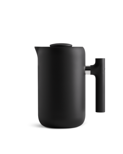 Fellow Clara French Press: matte black, vacuum insulated, mesh filter, side handle.