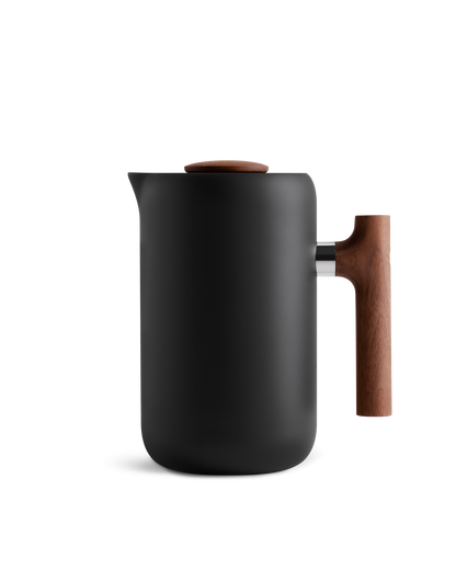 Fellow Clara French Press, matte black with mesh filter and wooden handle on white background.