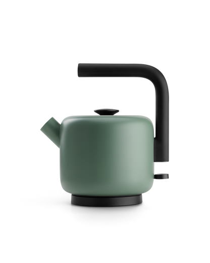 Fellow Clyde Electric Kettle in Smoke Green with black handle and modern, minimalist design.