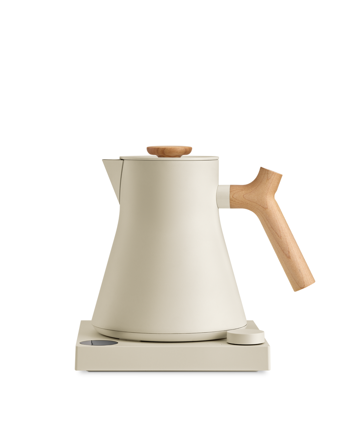 Fellow Corvo EKG Electric Kettle in cream with wood handle and lid, on matching base.
