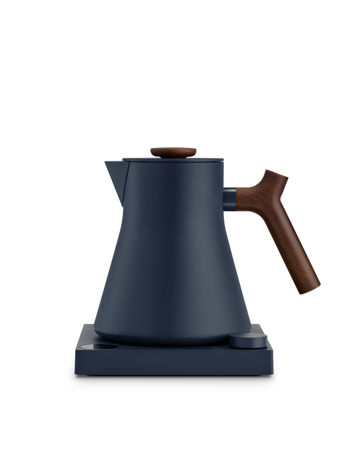 The Fellow Corvo EKG Electric Kettle is a fast, stylish matte navy kettle with wooden handle.