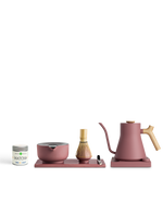Fellow The Kettle + Matcha Kit: pink bowl, whisk, spoon, matcha tin, tray & electric kettle.