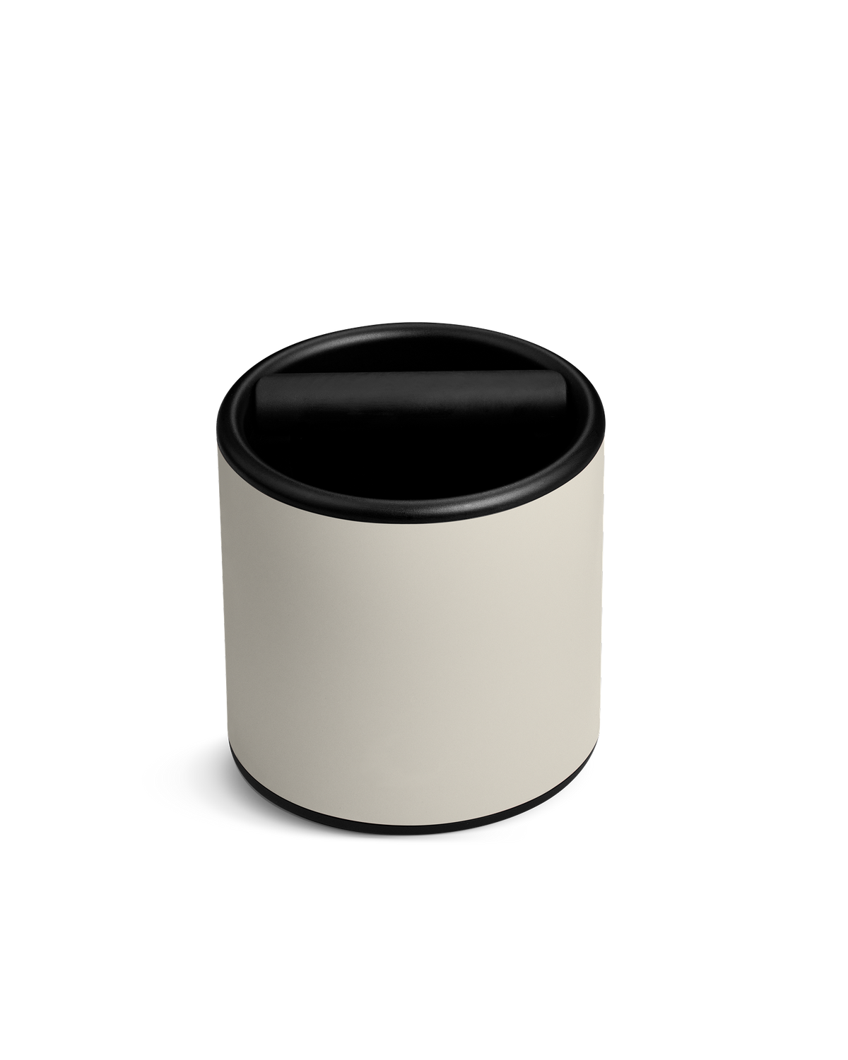 Fellow Espresso Knock Box in Sesame, round with swinging lid—ideal for espresso workflow.