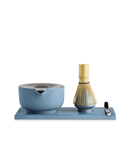 Fellow Matcha Set with handmade ceramic bowl and bamboo whisk on a white background.
