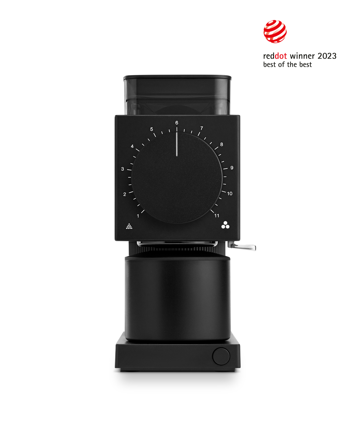 Fellow Ode Brew Grinder Gen 2 in matte black, with large dial and anti-static tech, Red Dot 2023.
