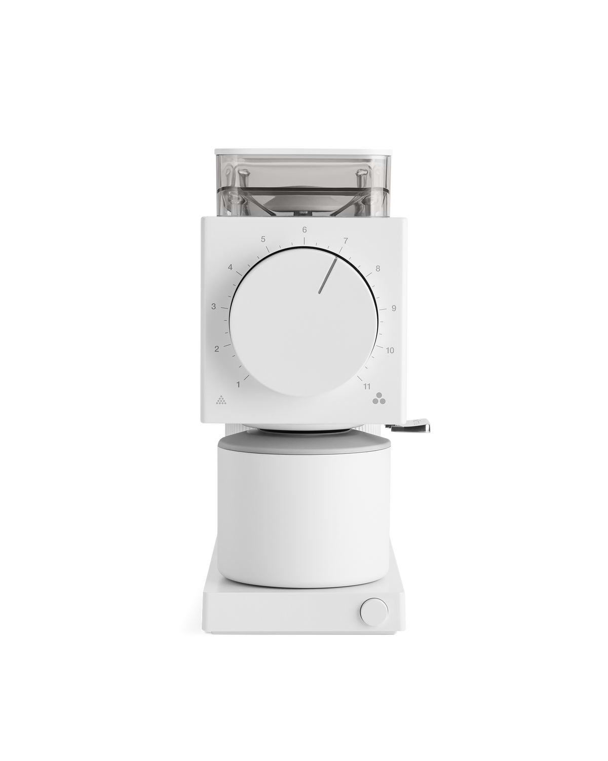 Fellow Ode Brew Grinder Gen 2, white, large numbered dial, Gen 2 Brew Burrs, front view.