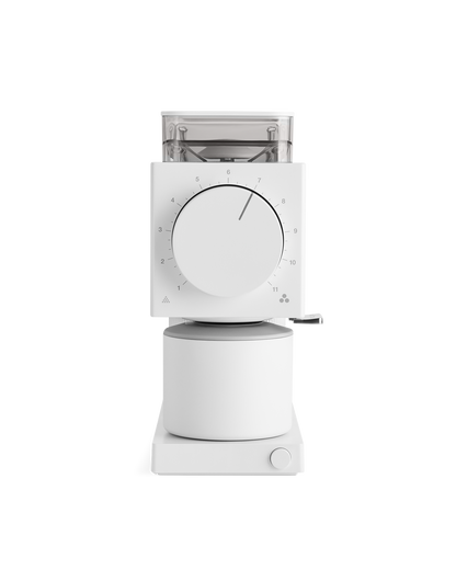 Fellow Ode Brew Grinder Gen 2, white, large numbered dial, Gen 2 Brew Burrs, front view.
