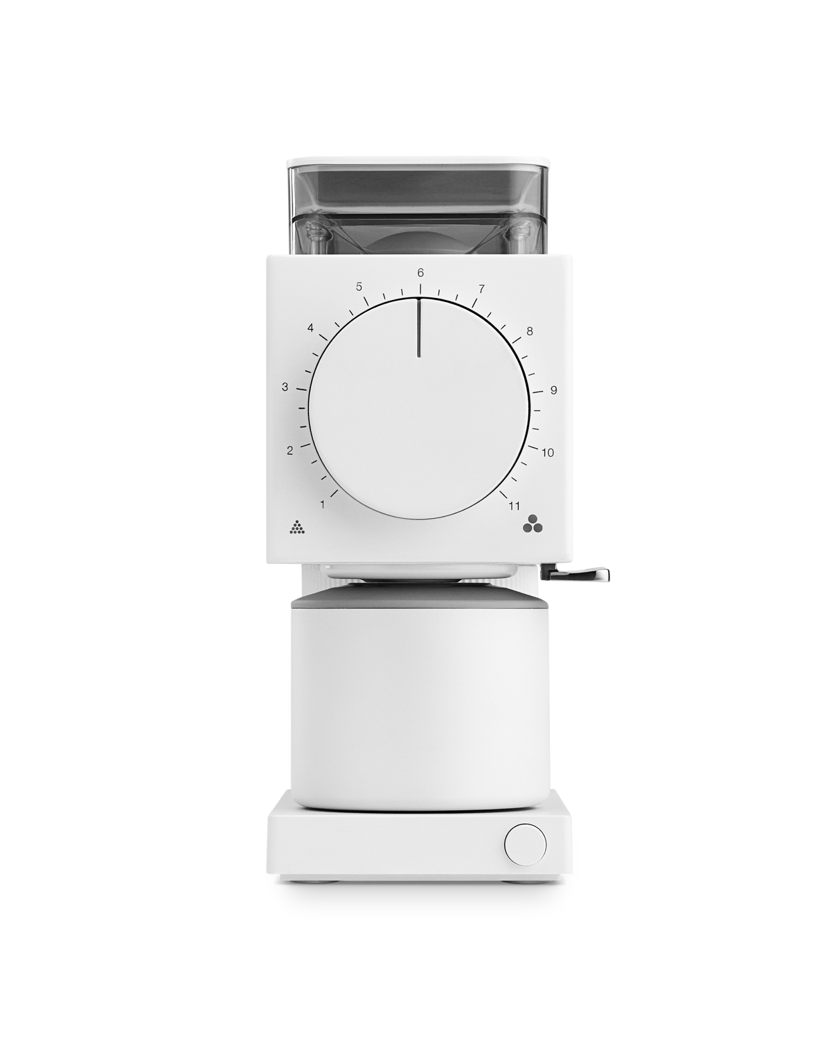 Fellow Ode Brew Grinder Gen 2 in matte white with large dial and minimalist design.