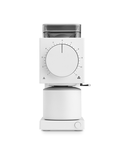 Fellow Ode Brew Grinder Gen 2 in matte white with large dial and minimalist design.