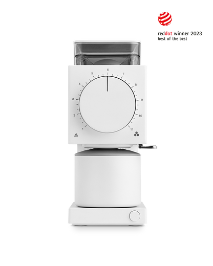 Fellow Ode Brew Grinder Gen 2 in matte white, Red Dot 2023 winner with anti-static tech.
