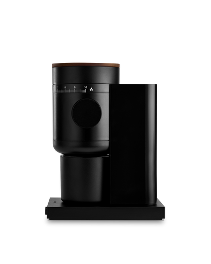 Fellow Opus 2 conical burr grinder in matte black + walnut, sleek and cylindrical.