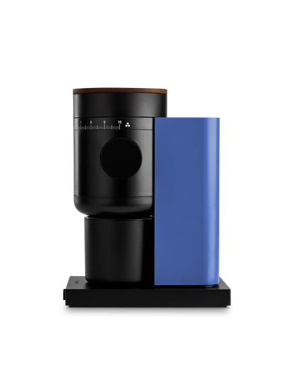 Fellow Opus 2 Conical Burr Grinder in Marine Blue + Walnut on a white background.