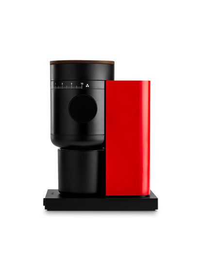 Fellow Opus 2 Grinder in Cherry Red + Walnut, ideal for cold brew or pour-over coffee.