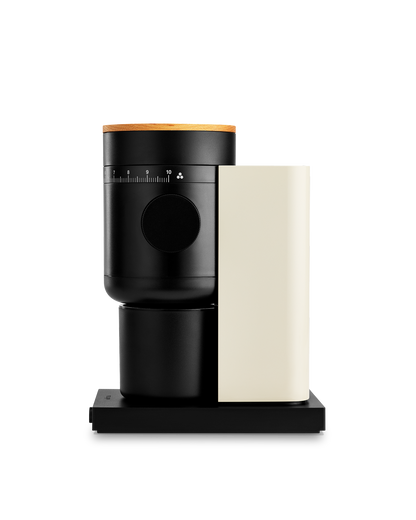 Fellow Opus 2 Conical Burr Grinder in Sesame + Maple on a white background.
