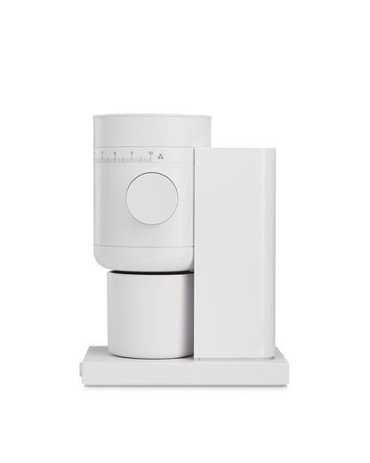 Fellow Opus 2 Conical Burr Grinder in matte white with a modern, minimalist design.
