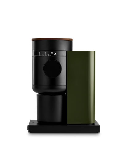 Fellow Opus 2 grinder in Woodland + Walnut, a sleek modern conical burr espresso grinder.