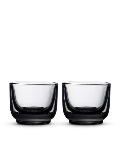 Two Fellow Pirch Espresso Glasses, thick-based, side by side on a white background.