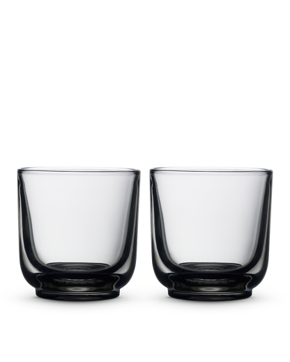 Two Pirch Espresso Glasses by Fellow sit side by side on a plain white background.