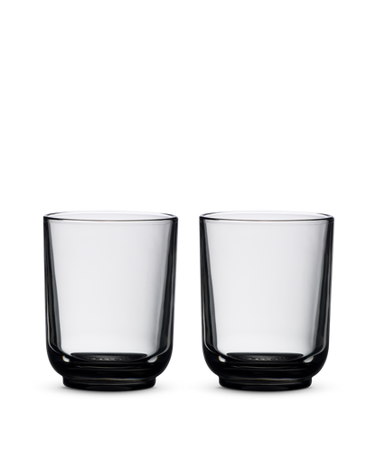 Two clear Pirch Espresso Glasses by Fellow on a plain white background.