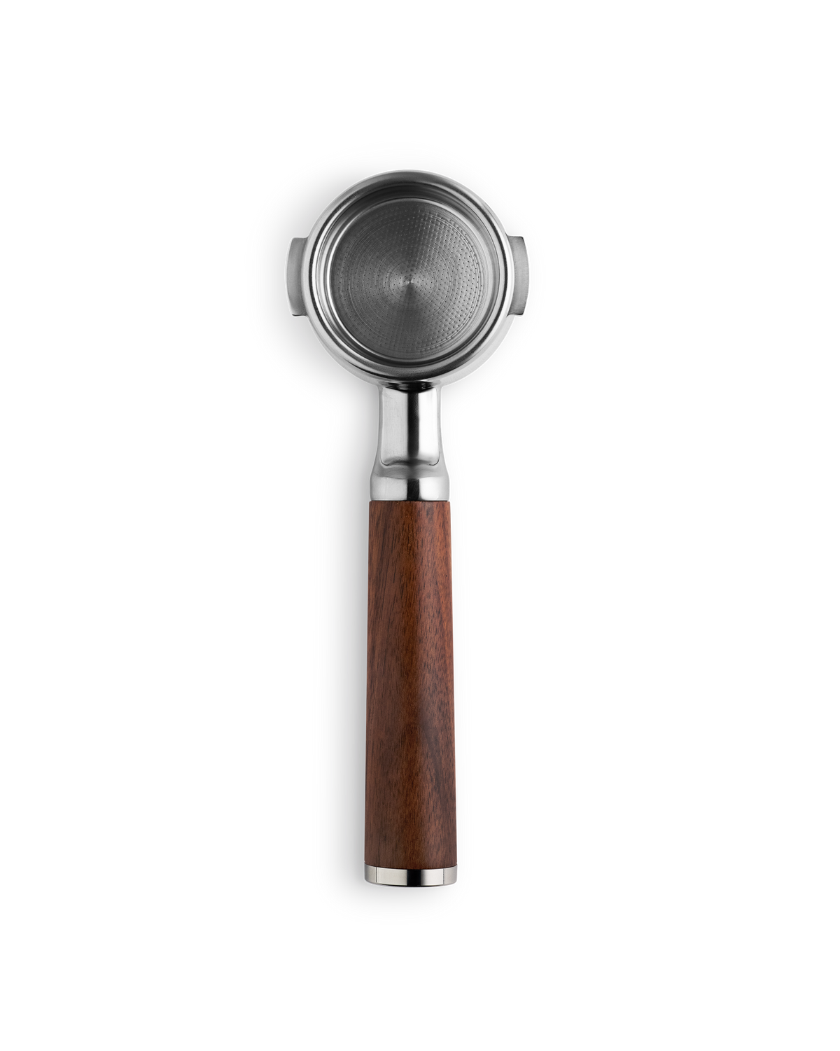 Fellow Espresso 58 mm Bottomless Portafilter with wooden handle, top view on white background.