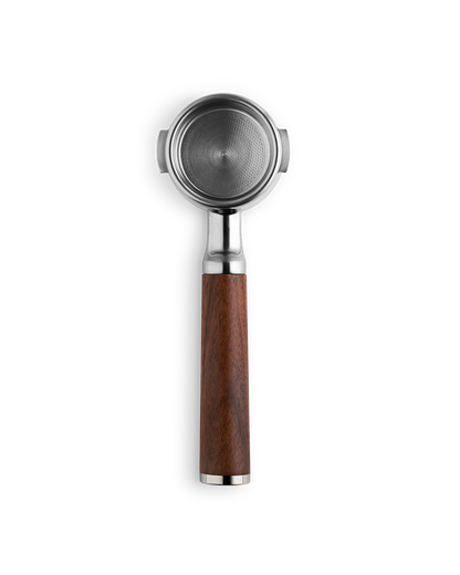Fellow Espresso 58 mm Bottomless Portafilter with wooden handle, top view on white background.