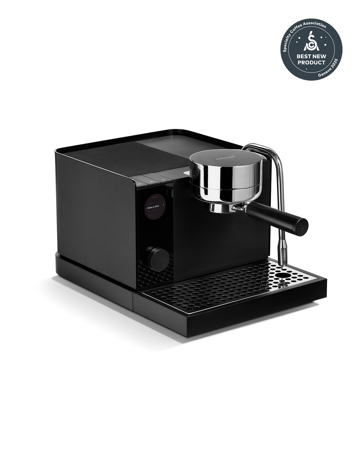 Fellow Espresso Series 1 in black delivers consistent espresso with portafilter and award badge.