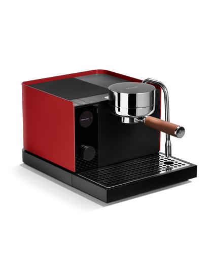 Fellow Espresso Series 1 in Cherry Red + Walnut features pressure control and wood portafilter.