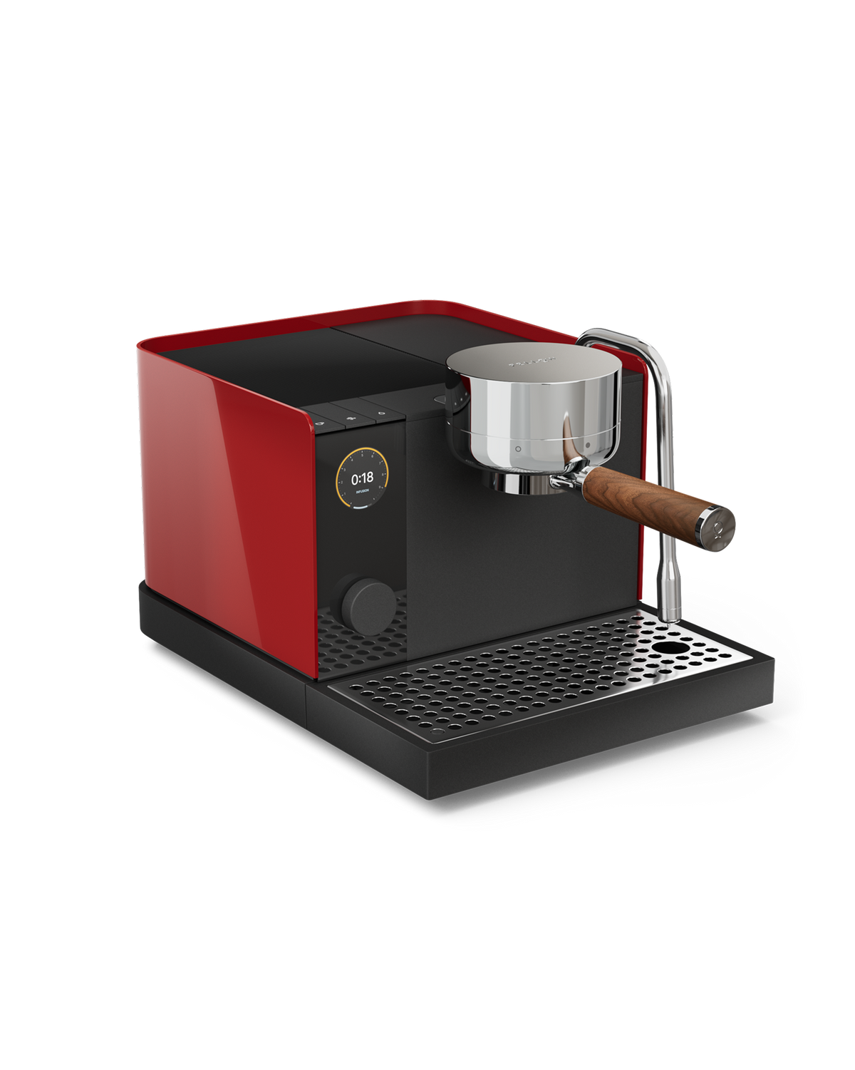 Fellow Espresso Series 1: red/black, pressure control, wooden handle, digital display.