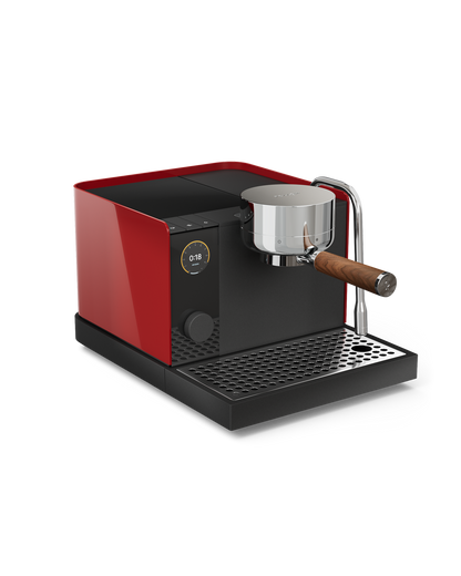 Fellow Espresso Series 1: red/black, pressure control, wooden handle, digital display.