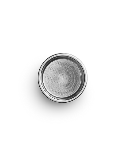 Top view of Fellow Series 1 18 g Double Shot Basket for 58 mm portafilters on white.