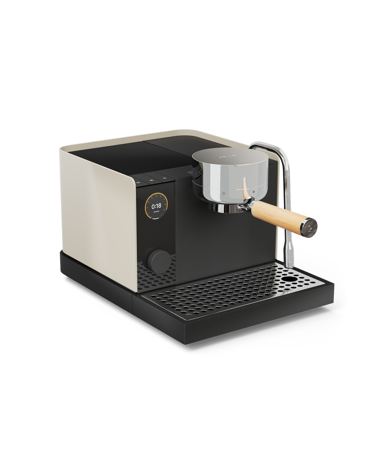 Fellow Espresso Series 1: pressure control, digital display, wooden handle, drip tray.