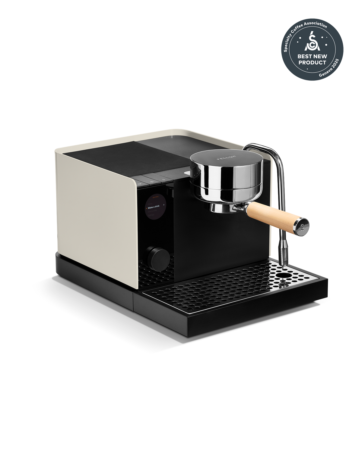 Fellow Espresso Series 1 in Sesame + Maple, wood portafilter and award badge in the corner.