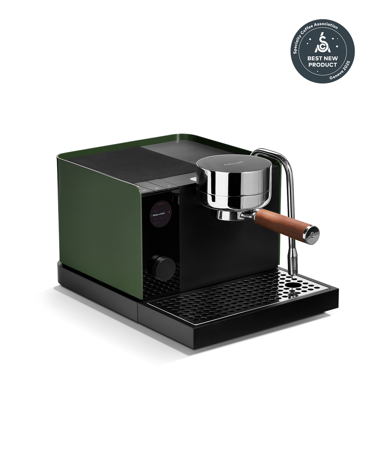 Fellow Espresso Series 1 in Woodland + Walnut, precise brewing, wooden handle, award badge displayed.