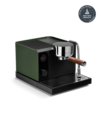 Fellow Espresso Series 1 in Woodland + Walnut, precise brewing, wooden handle, award badge displayed.