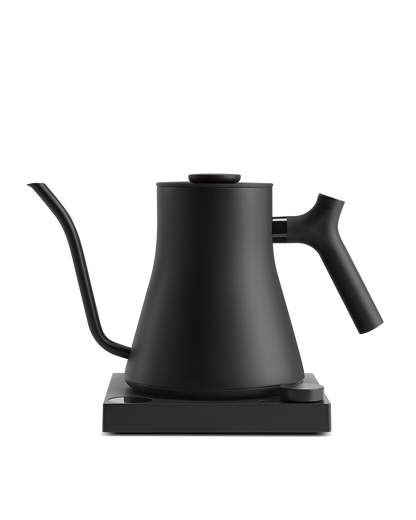 Fellow Stagg EKG Electric Kettle: matte black, variable temp control, ideal for coffee lovers.