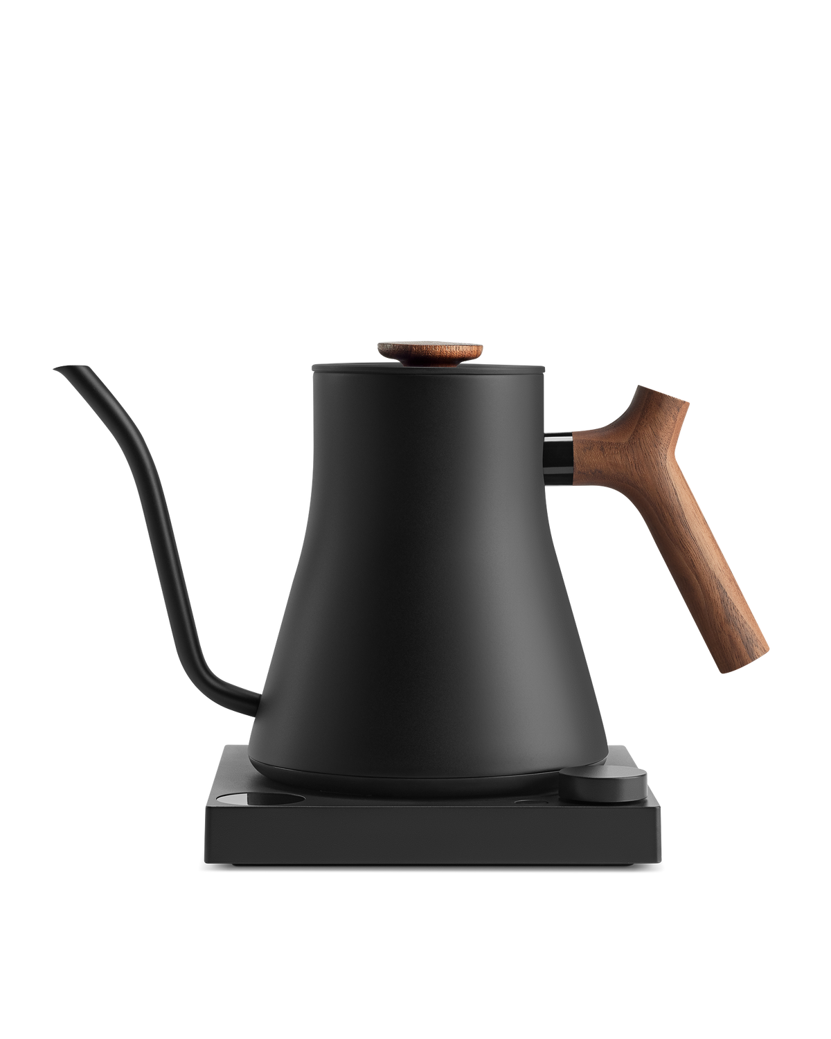 Fellow Stagg EKG electric kettle: fast heating, black finish, wooden handle, matching base.