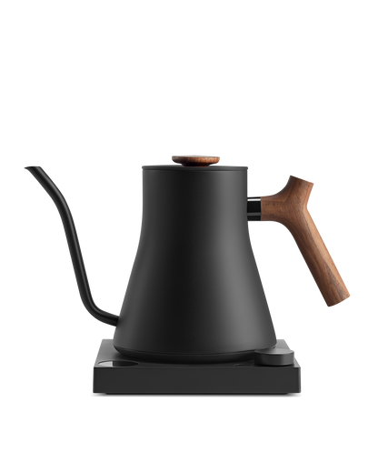 Refurbished Fellow Rebrew Stagg EKG Pro Electric Kettle with wooden handle, white background.