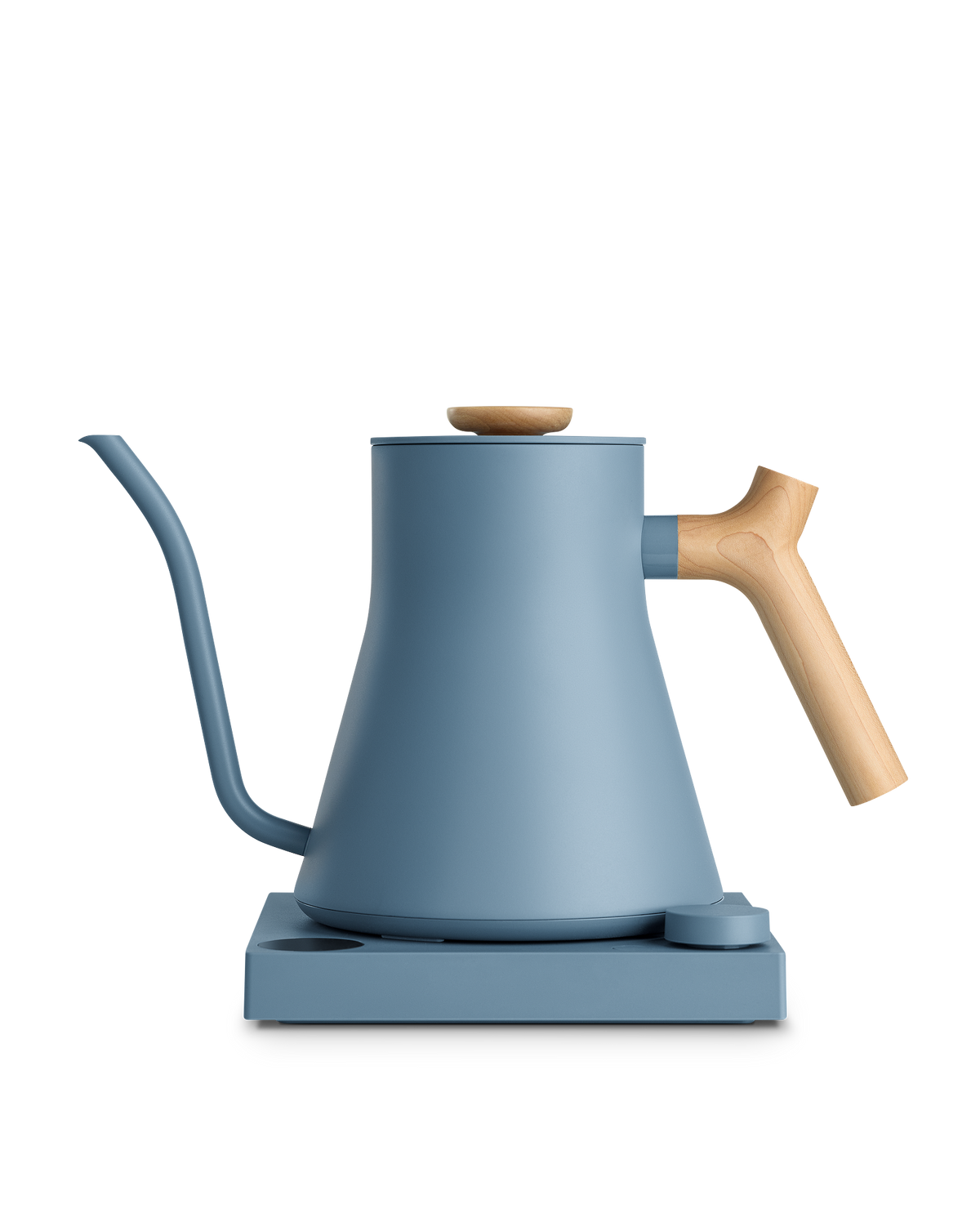 The Fellow Stagg EKG Electric Kettle: modern blue, wood handle, heats quickly, matching base.