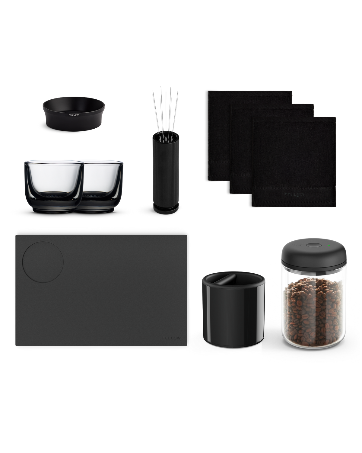 Fellow Complete Espresso Bundle: cups, napkins, tray, canister & accessories for black coffee.